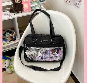 Black JK uniform ita bag with transparent window, casual anime style shoulder messenger bag.