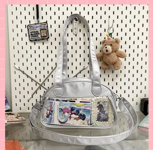 Silver ita bag transparent window shoulder crossbody bag cute anime badge display handbag