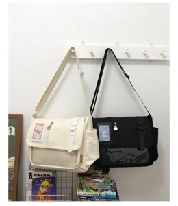 Japanese ins style canvas messenger bag with transparent ita bag window for students casual shoulder bag