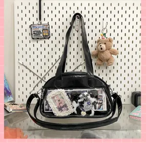 Glossy black PU leather ita bag with clear window front pocket, perfect for anime pins and badges.