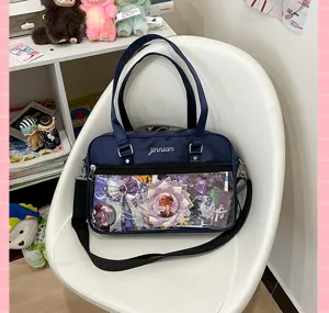 Dark blue Japanese JK uniform ita bag with clear window, canvas shoulder crossbody bag.