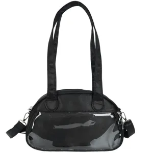 Black ita shoulder bag with transparent window detail shot, versatile crossbody design for use.