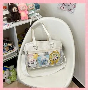 Pearl white JK uniform ita bag with clear window, shoulder crossbody bag for anime fans.