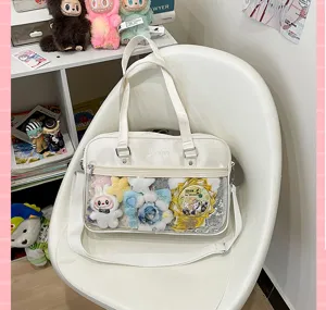 White PU leather JK uniform ita bag with clear window, perfect for pins and plushies.