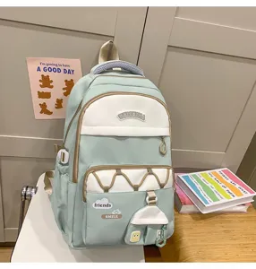 Mochila escolar para estudiantes verde menta y blanco con gran capacidad y bonitos parches.