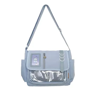 Cute Japanese style canvas messenger bag with transparent window for student girls daily use.