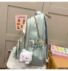 Mochila escolar verde menta para niñas, gran capacidad con adorable colgante de gato de peluche.