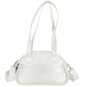 White clear window ita bag detail view, stylish shoulder crossbody bag with long straps.