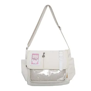 Canvas messenger bag with clear window cute bear patch aesthetic student shoulder bag