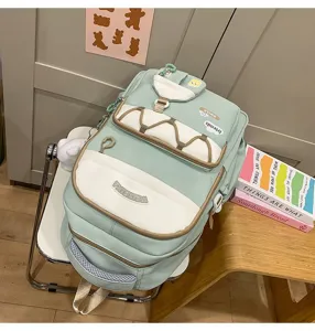 Bonita mochila escolar verde menta para niñas, gran mochila de estudiante con varios bolsillos.