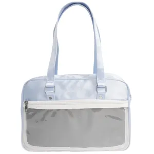 Light blue pearlescent JK uniform ita bag, single shoulder bag with clear mesh front window.