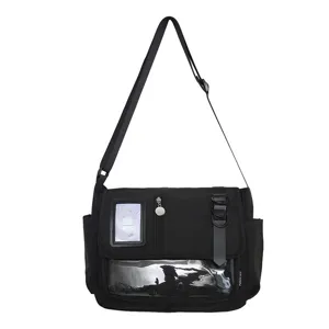 Japanese style black messenger itabag with clear window, cute student crossbody shoulder bag.