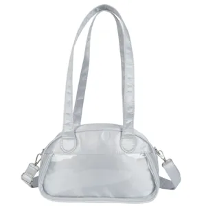 Silver ita bag with clear window, stylish shoulder crossbody bag for women spring summer.