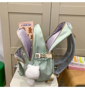 Mochila escolar verde menta con lindo colgante de oso de peluche, bolso grande para niñas.