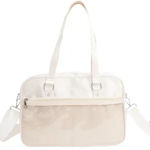White Japanese JK uniform ita bag, transparent front window shoulder crossbody bag detail shot.