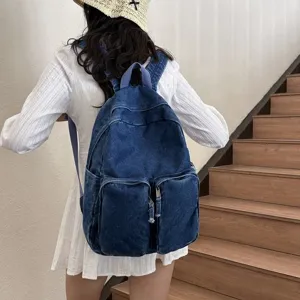 Japanese Vintage Denim Backpack For Men Women Casual Lightweight School Bookbag Solid Color Washed Denim Travel Backpack