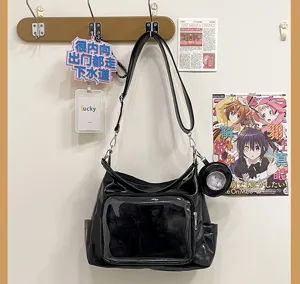 Black large capacity transparent shoulder bag, casual tote bag with front clear pocket for daily use.