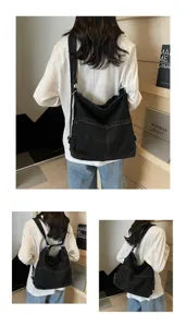 Sac fourre-tout noir en denim, grand sac porté épaule et bandoulière polyvalent.