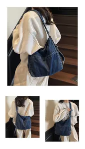 Sac bandoulière en toile denim pour femme grande capacité fourre-tout multifonctionnel
