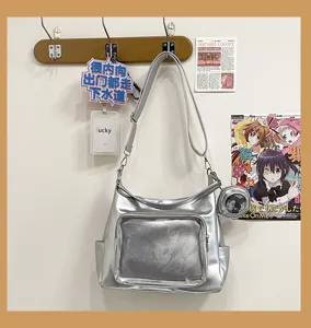 Silver transparent ita bag detail view, large capacity shoulder tote for anime fans.
