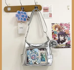 Silver transparent ita bag large capacity shoulder tote bag with clear display window for pins.