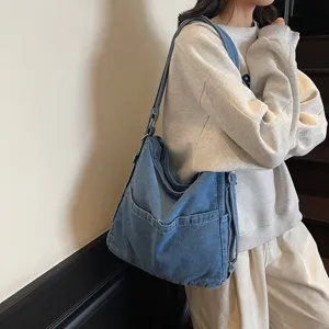 Grand sac bandoulière en denim grande capacité cabas multi-fonction étudiant chic