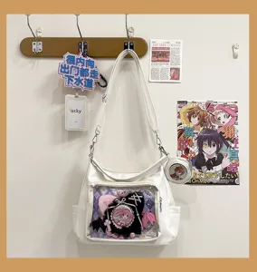 White PU leather ita shoulder bag with clear window, large capacity casual tote bag for daily use.