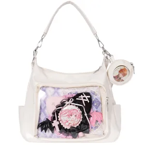 White ita bag with clear window, large capacity shoulder tote bag for anime merch display.