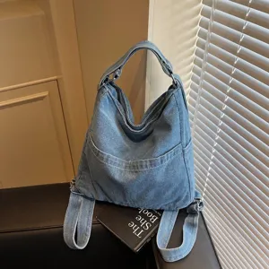 Sac à dos et sac à bandoulière en denim décontracté avec une grande capacité.