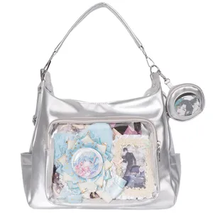 Silver clear ita bag transparent tote handbag shoulder bag with badge display for anime fans