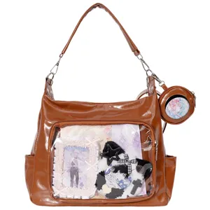 Large capacity transparent brown PU shoulder bag ita bag casual tote bag with clear window