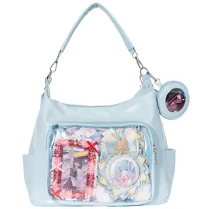 Large capacity transparent ita bag for anime fans, cute blue tote shoulder bag with clear window.