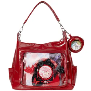 Clear ita bag red tote shoulder bag with transparent window for anime pins and charms.