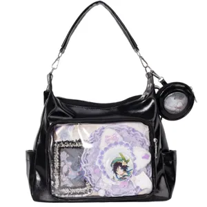 Black PU leather ita bag clear front window tote shoulder bag anime crossbody bag