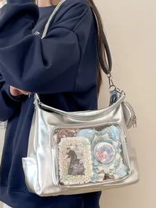 Large Capacity Transparent Tote Bag Ita Bag Cute Student Shoulder Crossbody Bag Clear Window PU Leather Handbag