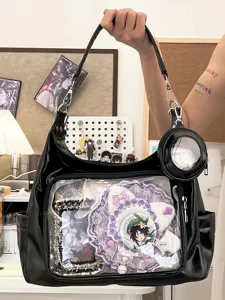 Large capacity black PU leather ita bag shoulder tote with transparent display window for anime fans.