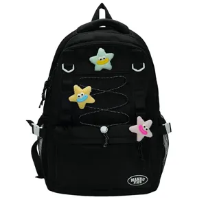 Zaino nero stile coreano con coulisse, tasche multiple e simpatiche stelle di peluche per scuola.
