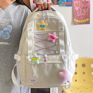 Zaino con coulisse multi-tasche stile coreano con ciondolo stella in peluche per scuola e tempo libero