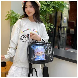 Cute JK retro TV shaped transparent window Ita backpack for 20cm dolls and pins daily use.