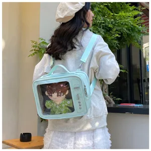 Detail shot of the light blue ita backpack with clear window, perfect for displaying 20cm dolls.