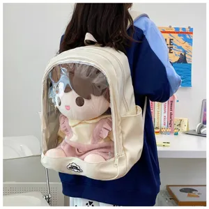 Zaino ita trasparente con tasca per bambola di peluche, grande borsa casual da scuola per donna.