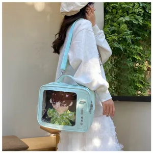 Light blue TV shaped clear window ita bag detail view, perfect for 20cm plush doll display.