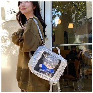 Silver transparent ita bag for 20cm plush dolls, versatile JK backpack and crossbody.