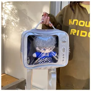 Clear window 20cm doll backpack itabag, silver PU leather shoulder bag for anime plush dolls.