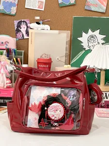 Large capacity transparent ita shoulder bag red PU leather casual tote student crossbody bag