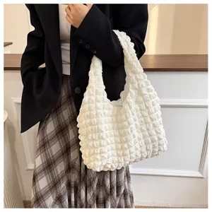 White cloud pleated shoulder bag casual hobo tote versatile fashion women handbag daily use.