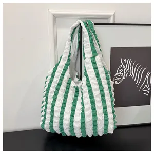 Green white striped puckered shoulder bag casual minimalist tote student vest bag detail