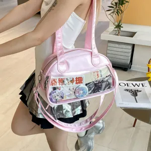 Pink shiny ita bag with clear pocket and ribbon bow, stylish shoulder messenger bag for women.