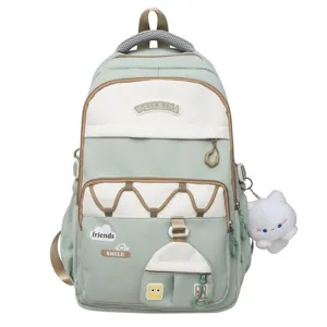 Gran mochila escolar para estudiantes, bonito diseño con bolsillos y colgante de gato.