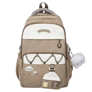 Lindo mochila escolar kaki y blanca de gran capacidad con bolsillos para niñas.